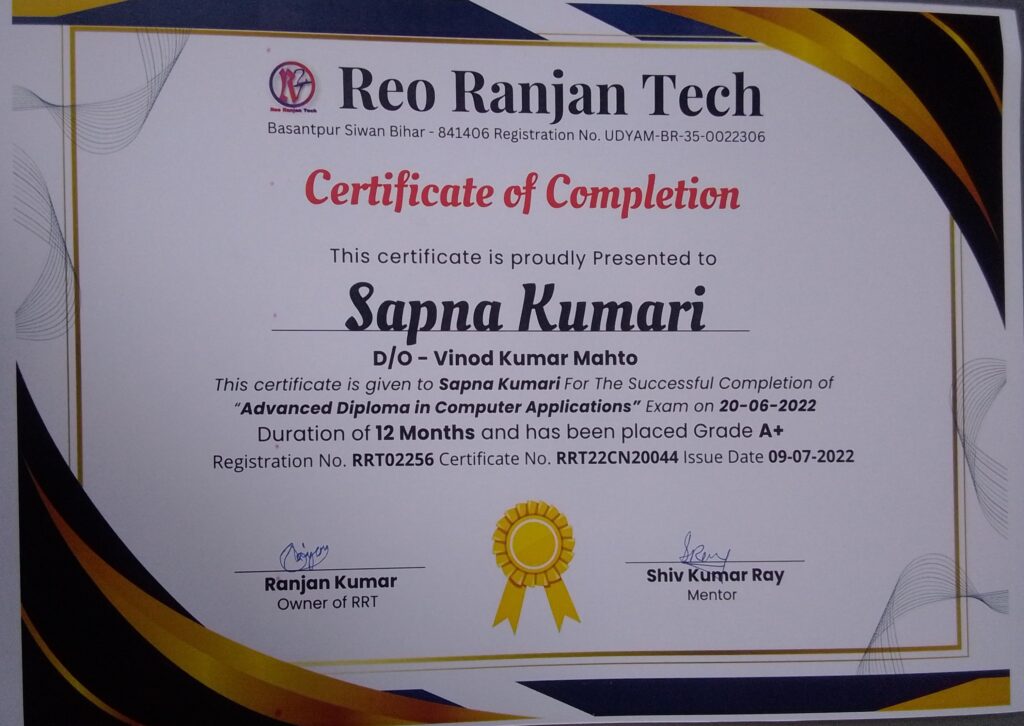 sapna kumari certificate